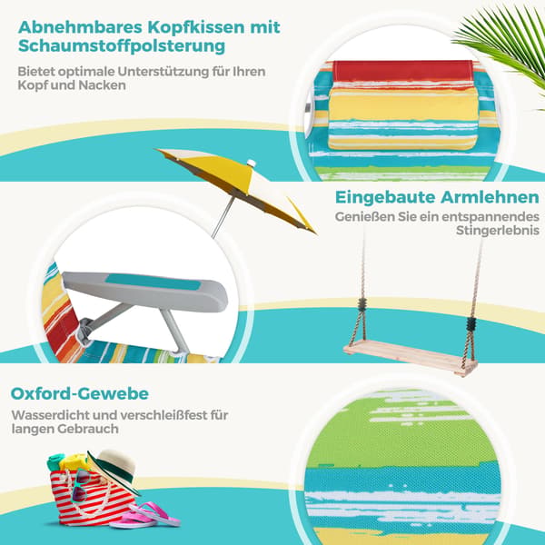 Sammenleggbart strandstolsett, justerbar ryggstøtte, blå striper