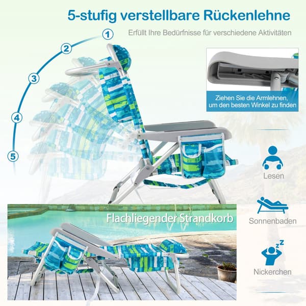 Justerbare, foldbare strandstole, sæt med 2 – blå og grøn