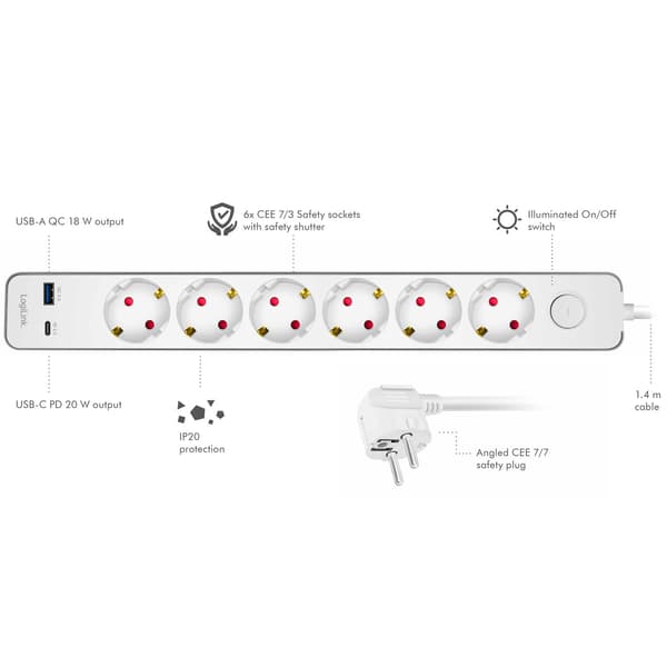 Strømskinne 6-veis + USB-A/USB-C PD 20W, Bryter, 1,4m, Hvit