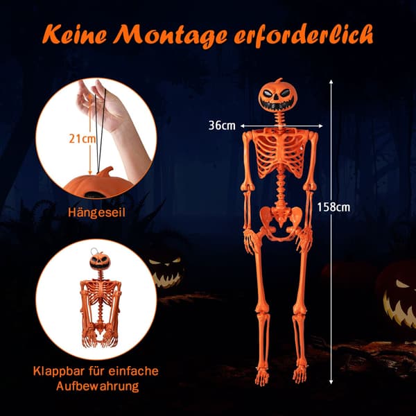 Rörligt 1,6 m Halloweenskelett med pumpahuvud