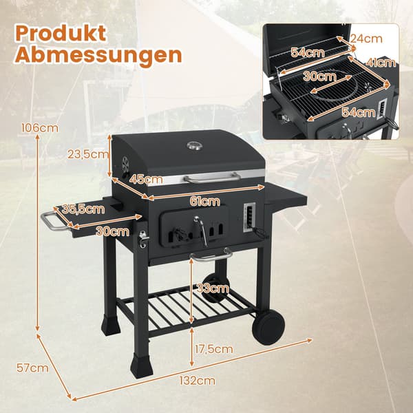 Kulgrill med foldbare sideborde, justerbar højde