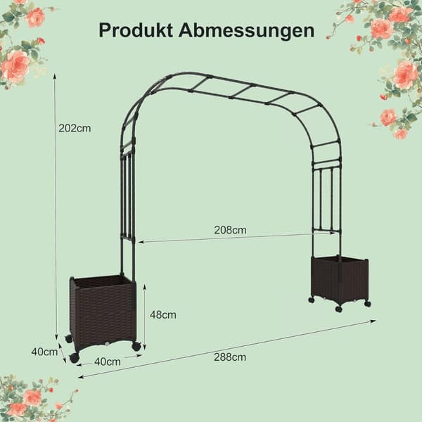Trädgårdsbåge med krukor, metallspaljer för klätterväxter