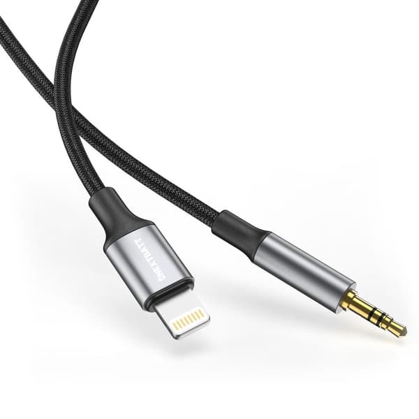 NEXTBATT Lightning - 3,5 mm AUX-sovitin, 1 m - Musta/Harmaa