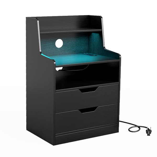 LED-natbord med ladestation, 2 skuffer, sort