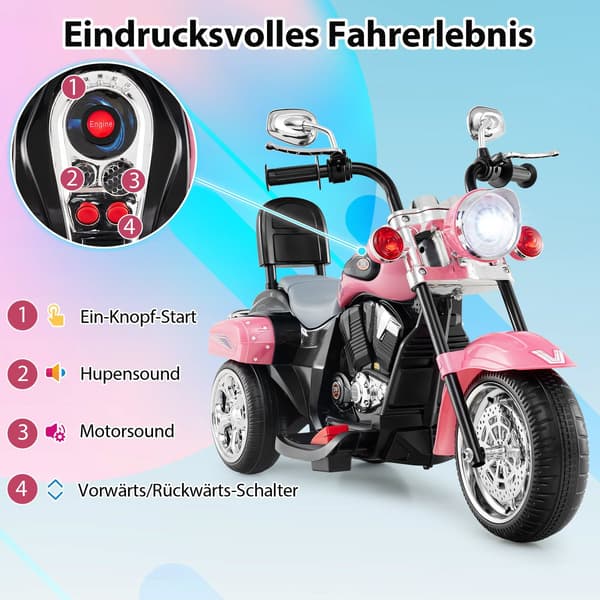 6V Børne Elmotorcykel, Lyserød, Justerbar Lys & Lyd