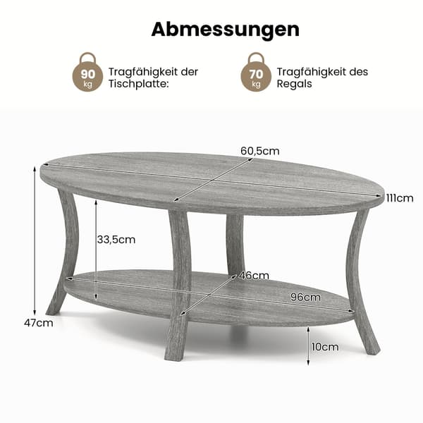 Ovalt soffbord med hyllplan, gummiträ, 2 nivåer, grått