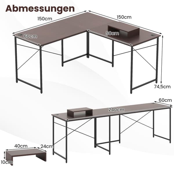 L-formet vendbart skrivebord med ladestation, brun
