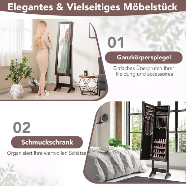 Smyckesskåp med helfigursspegel, justerbar lutning