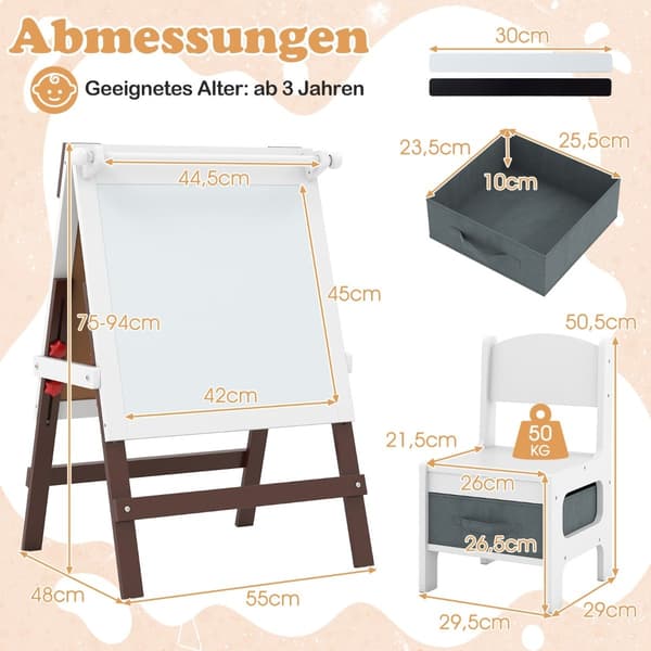 Justerbart staffeli og stolsett for barn med tavle og whiteboard