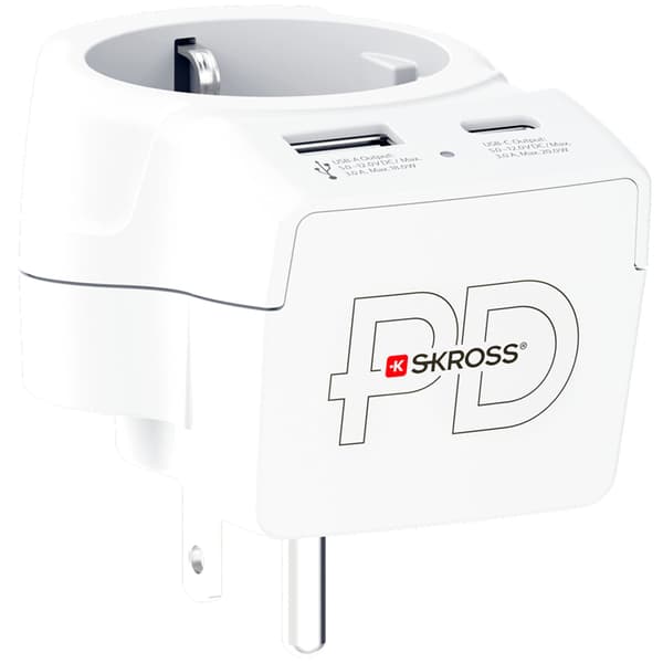 Strømadapter EU til USA, USB-A/USB-C, 20W PD jordet