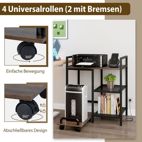 3-etasjes skriverstativ med ladestasjon, rustikk brun