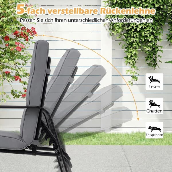 Justerbare terrassestoler sett med 2 med puter, grå