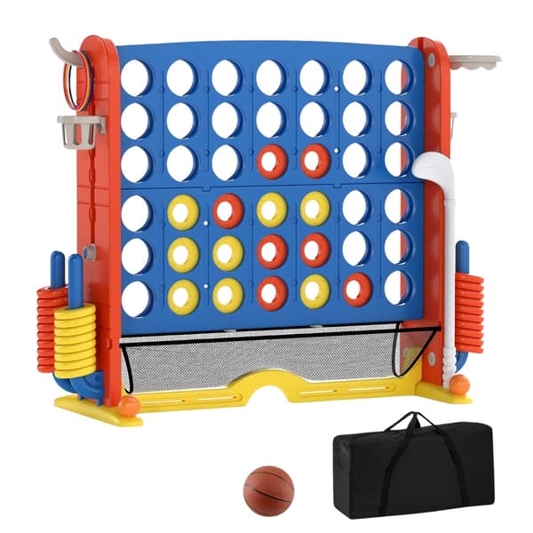 4-i-1-spilsæt: Forbind fire, basketball, ringkast, golf