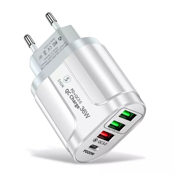 snabbladdare USB-C & 3xUSB-A, PD & Q.C 3.0, 36W - Vit