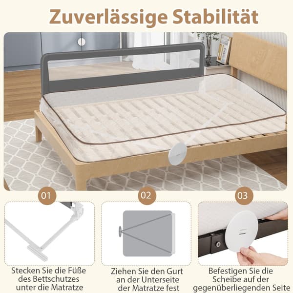 Hopfällbar sänggrind 180 cm med säkerhetsremmar, grå