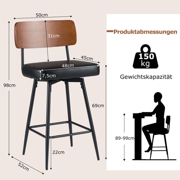 Drejebarstole sæt med 2 med polstret ryglæn, sort