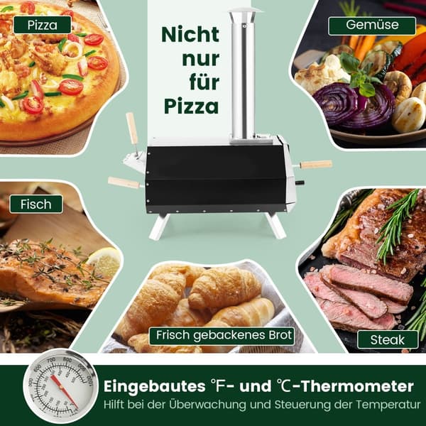 Utomhuspizzaugn med sten, skal och termometer