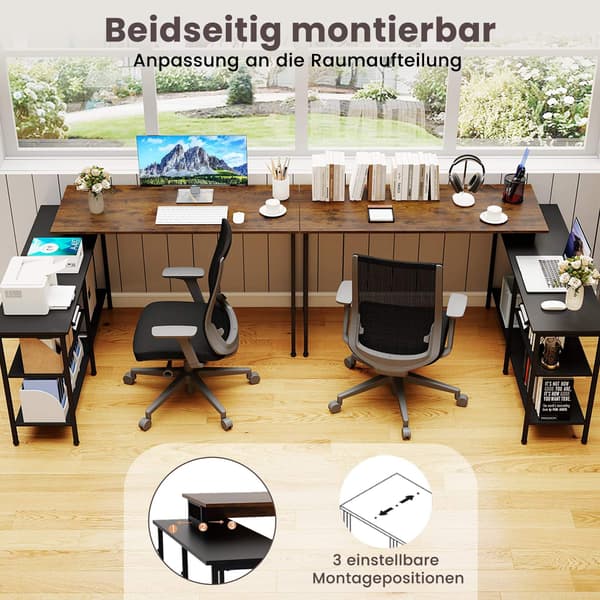 Vendbart L-formet skrivebord med hyller, rustikk brun
