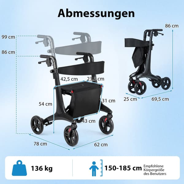 Sammenklappelig letvægtsrollator med sæde, kulfiber, sort