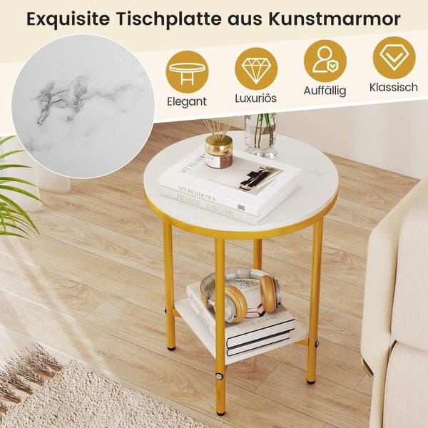 Runt soffbord med marmorlook, 2 våningar, vit/guld