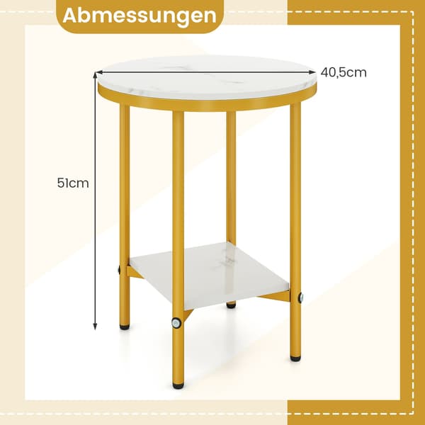 Runt soffbord med marmorlook, 2 våningar, vit/guld