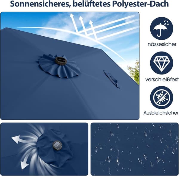 230 cm terrasseparasol med LED-solcellelys, marineblå