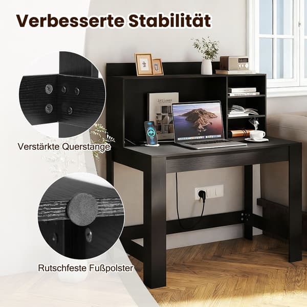 Svart databord med hylle, strømuttak og kabelhåndtering