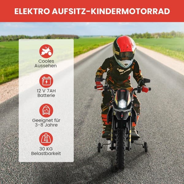 12V Børne Elmotorcykel med Støttehjul, Sort