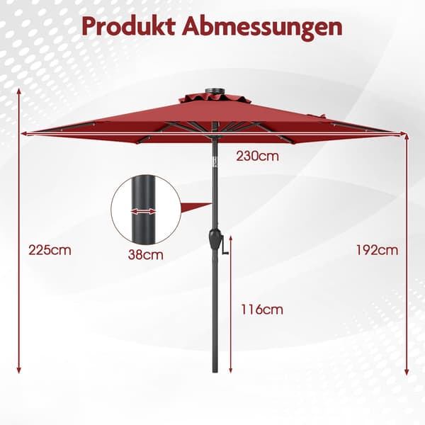 230 cm terrasseparasoll med LED-solcellelys og sveiv