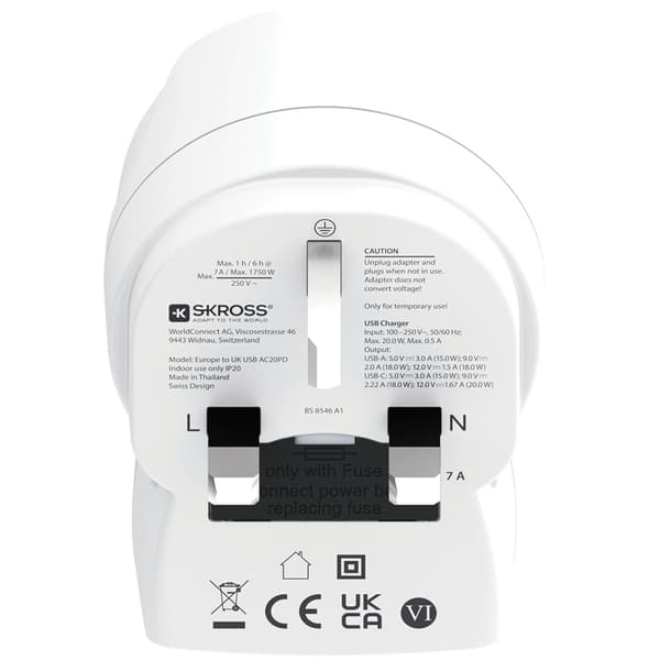 EU til UK stikadapter, USB-A/USB-C 20W PD jordet