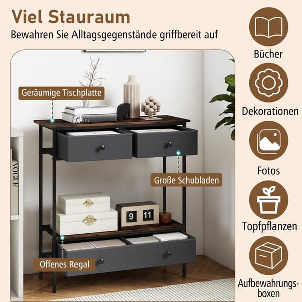 Konsollbord med skuffer, rustikk brun, metallramme
