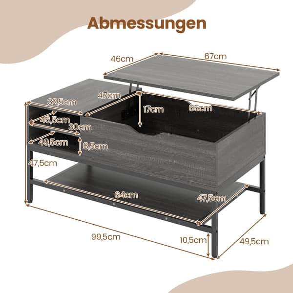 Lyftbart soffbord med förvaring, justerbar höjd, grå