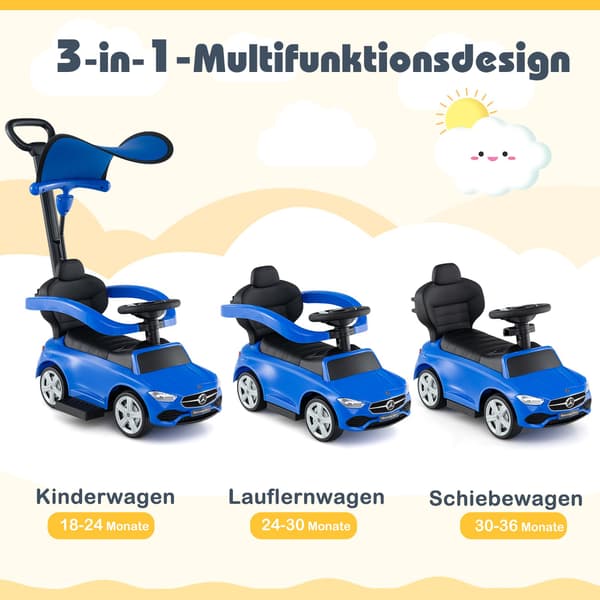 3-i-1 barnebil med skyvehåndtak – blå