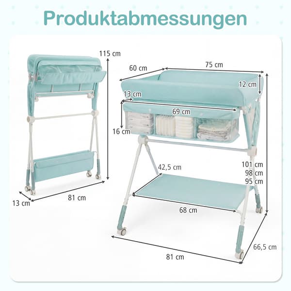 Bærbart, foldbart puslebord med justerbar højde og låsbare hjul