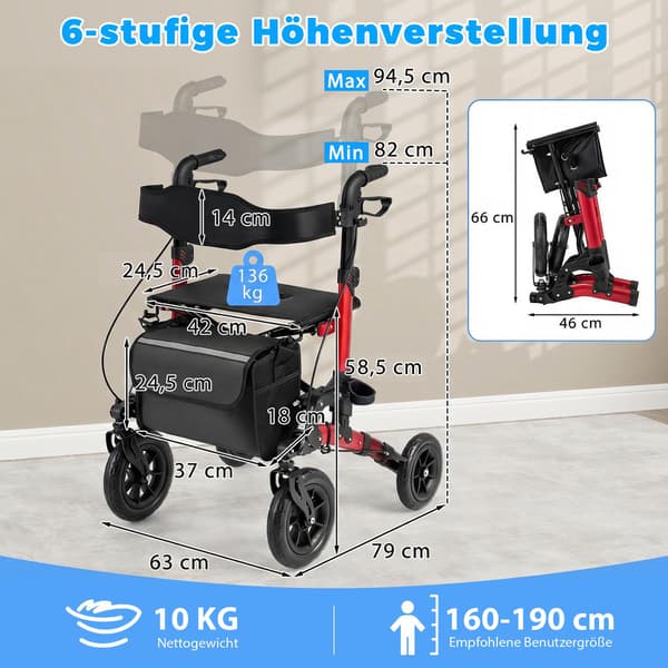 2-i-1 rullator och rullstol, hopfällbar, stöder 136 kg