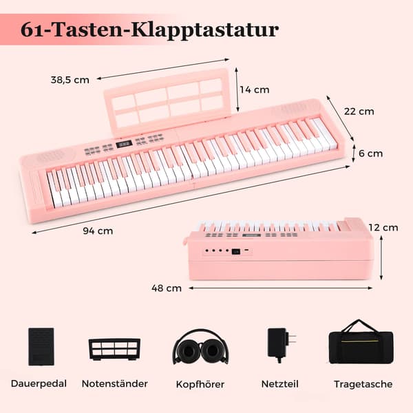 61-tangenters foldbart elektronisk keyboard med MIDI, lyserød