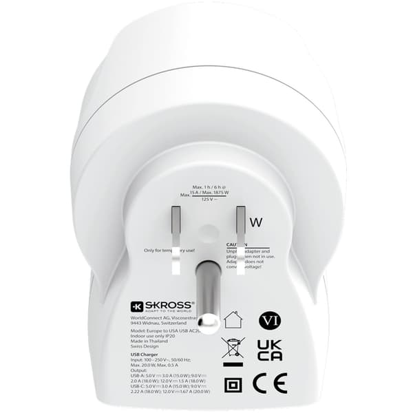Strømadapter EU til USA, USB-A/USB-C, 20W PD jordet