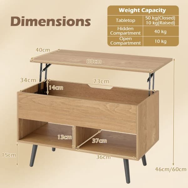 Lyftbart soffbord 80 cm, dold förvaring, 2 hyllor