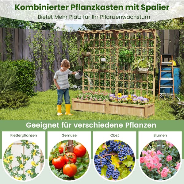 Träkruka med spaljé och tak för klätterväxter