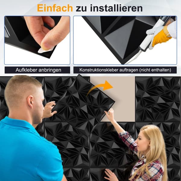 3D-vægpaneler, diamantmønster, sort, 10 m² dækning