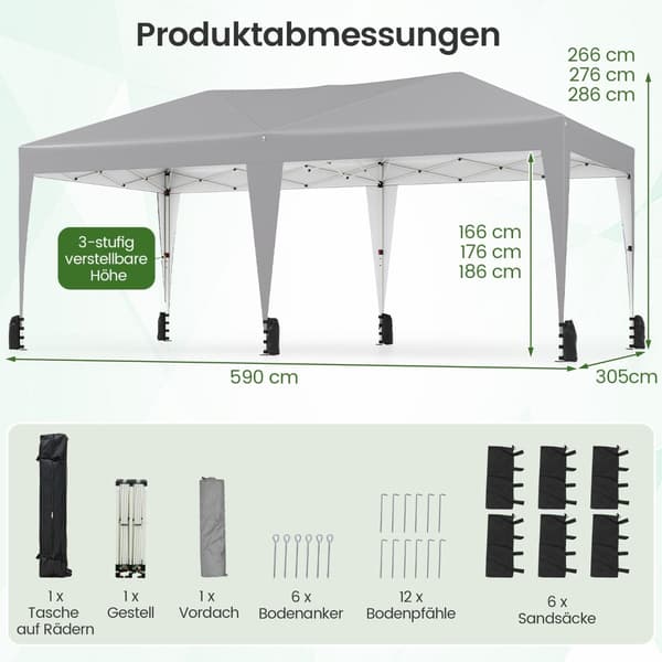 3 x 6 m Pikapaviljonki UV-suojalla, Harmaa