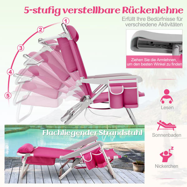 Hopfällbara strandstolar, justerbart ryggstöd, rosa