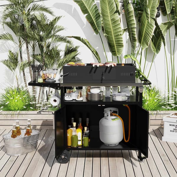 Grillvogn med opbevaring, sammenklappelig rustfri top, sort