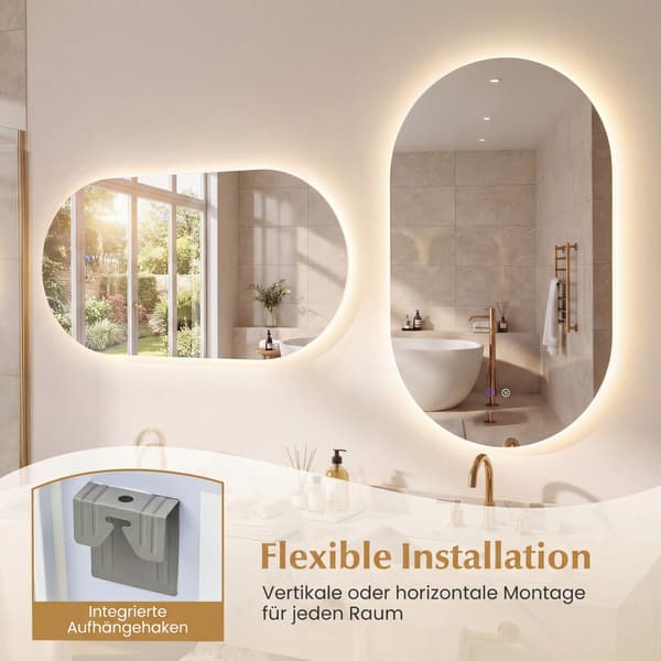 LED-baderomsspeil, 90x55 cm, antidugg, justerbart lys
