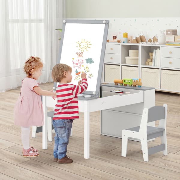 Børnekunstbord og staffelisæt, 2 stole, opbevaring