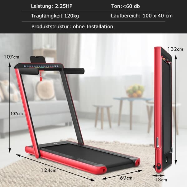 2-i-1 foldbart løbebånd med dobbelt LED-display, rød