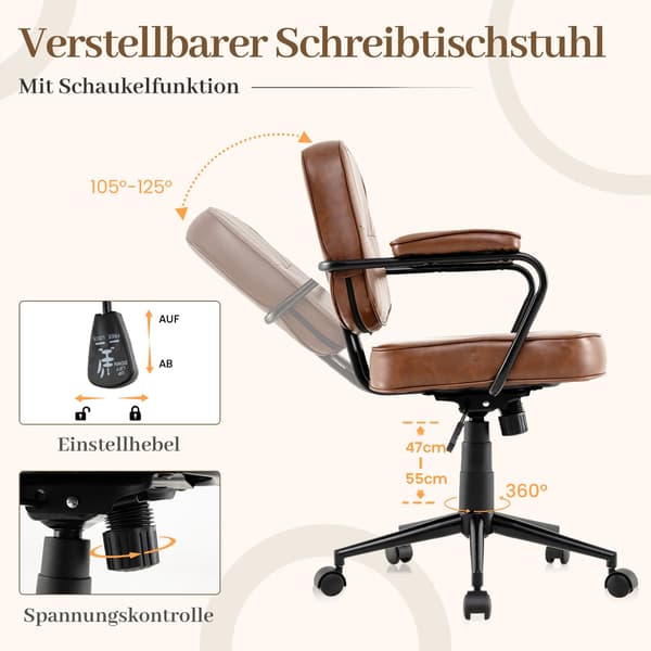 Ergonomisk kontorstol, justerbar, brunt kunstlæder