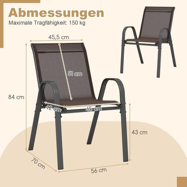 Stapelbara utomhusstolar set om 4, metallram, brun