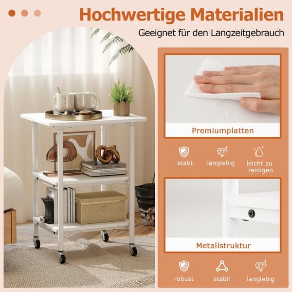 Justerbart 3-etasjes skriverstativ med hyller og hjul, hvit