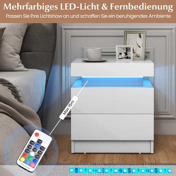 LED nattbord med 2 skuffer, hvit MDF, moderne design